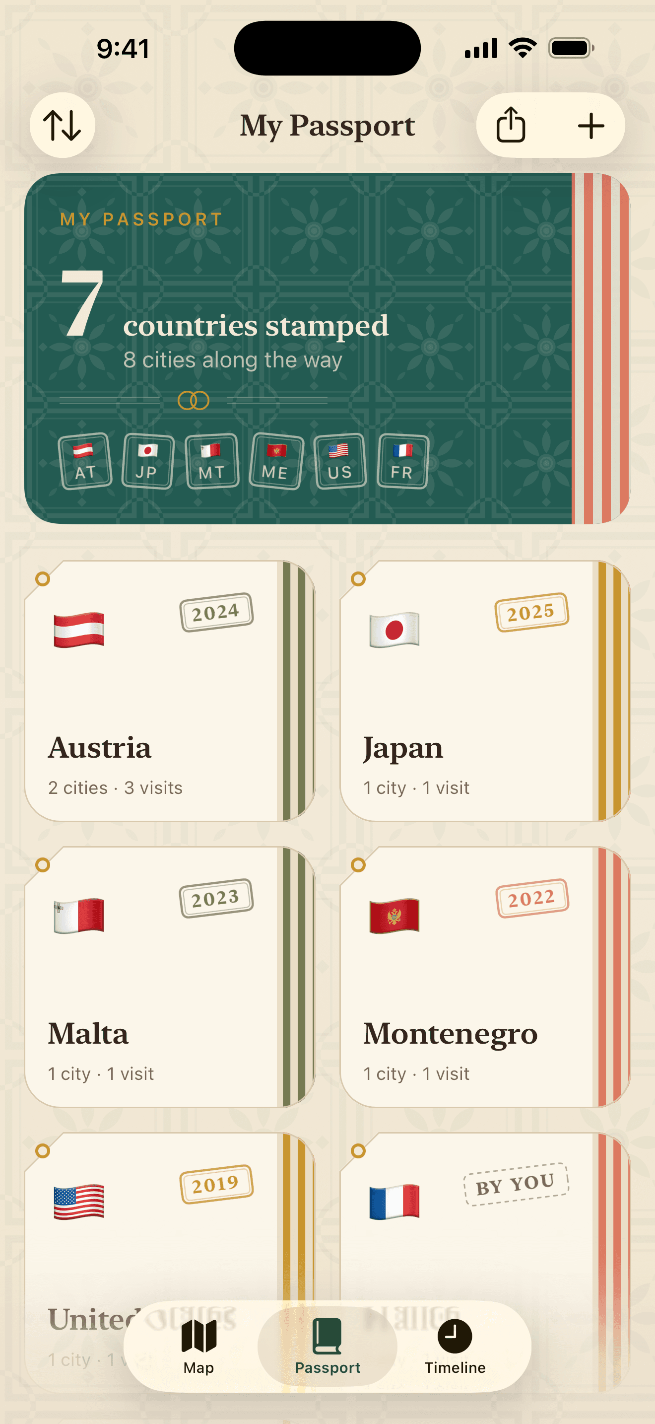 aroundaworld passport screen showing seven stamped countries