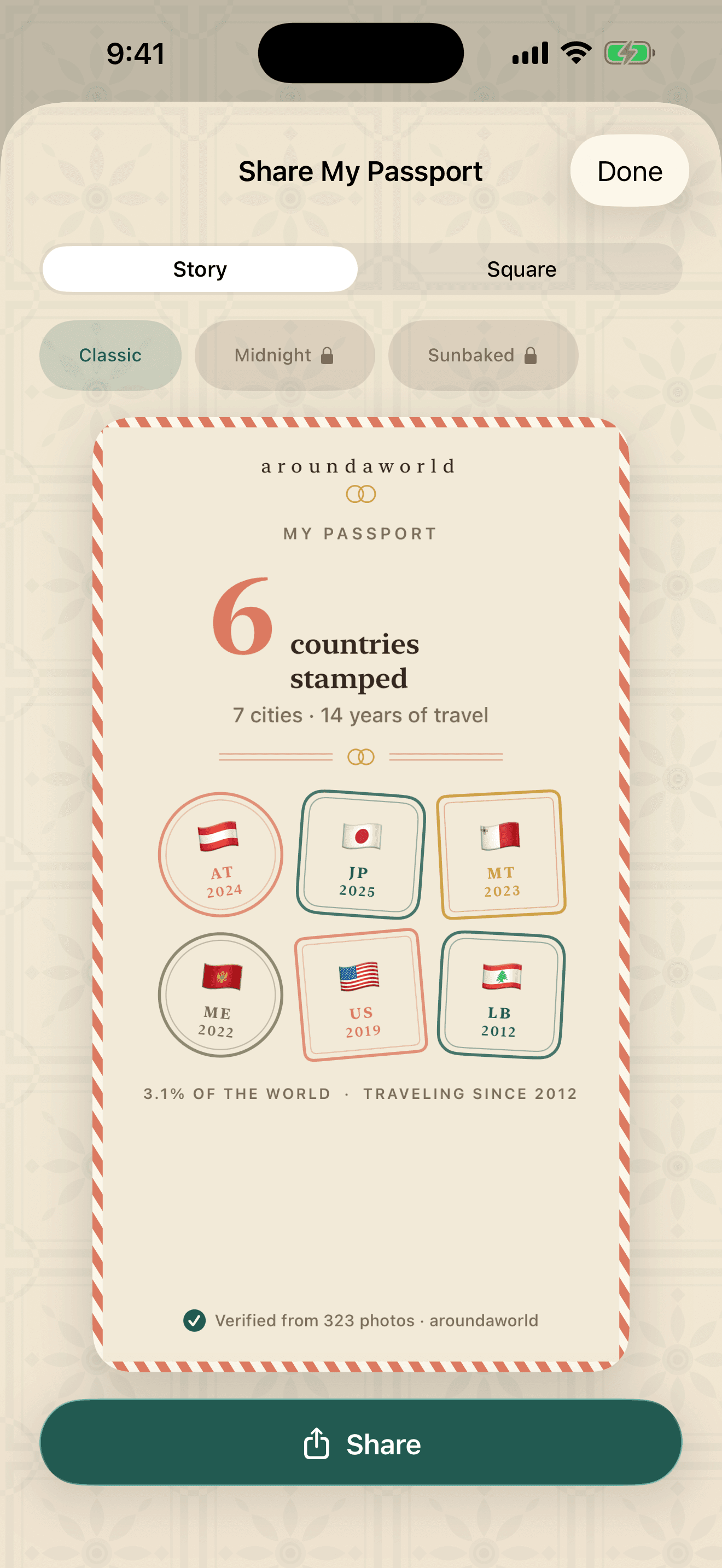aroundaworld share card with six country stamps and a verified photo count