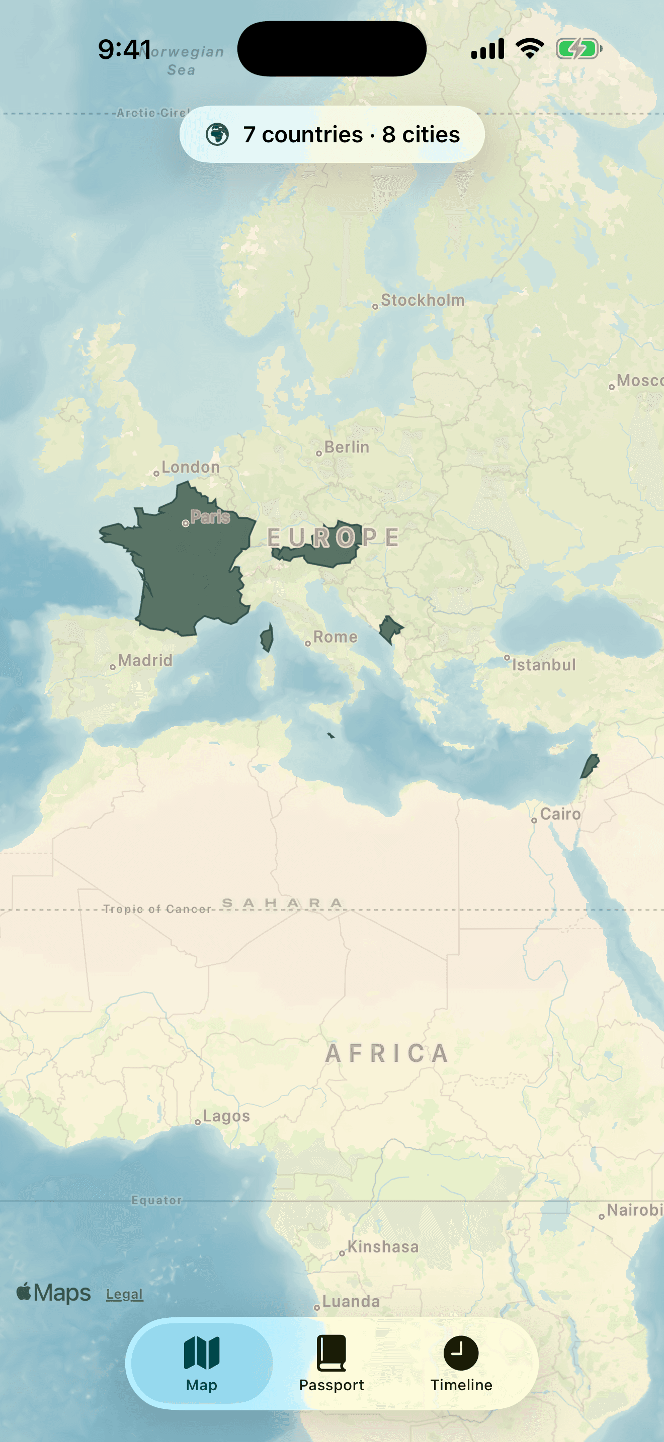 aroundaworld map with visited countries filled in dark pool green